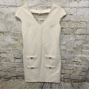 Leona Lauren Leonard Cream Cap Sleeve Wool Sheath Gold Button Dress